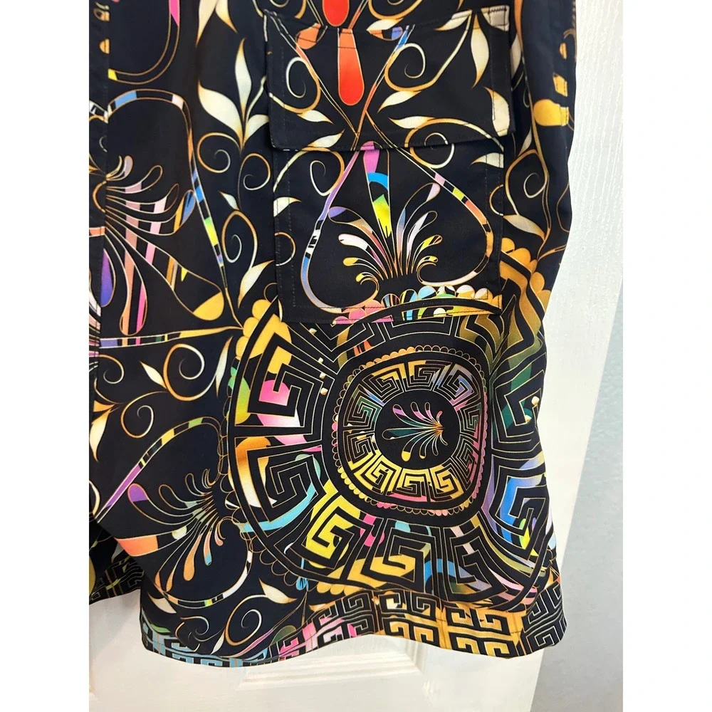Johnny Was Swim Trunks Black Multi Color Geometric Floral Board Shorts Mens‎